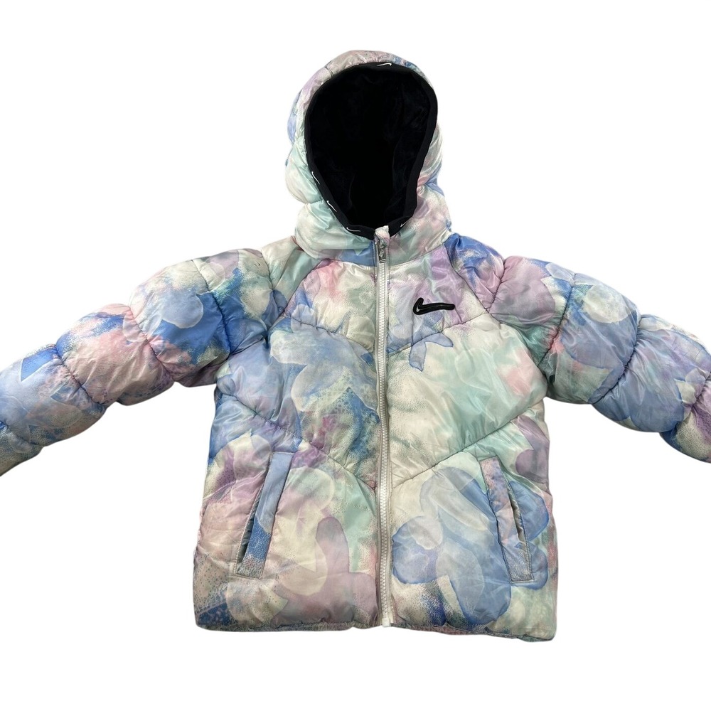 Nike Girls AOP Floral Puffer Jacket L Pastel Multicolor Hooded Fleece Lined